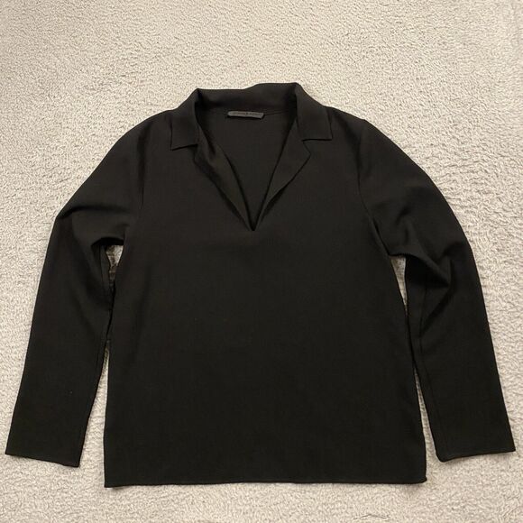 Jenni Kayne‎ Womens Crepe Georgette Shirt Top size M Polo Collar Blouse Black - Picture 1 of 9